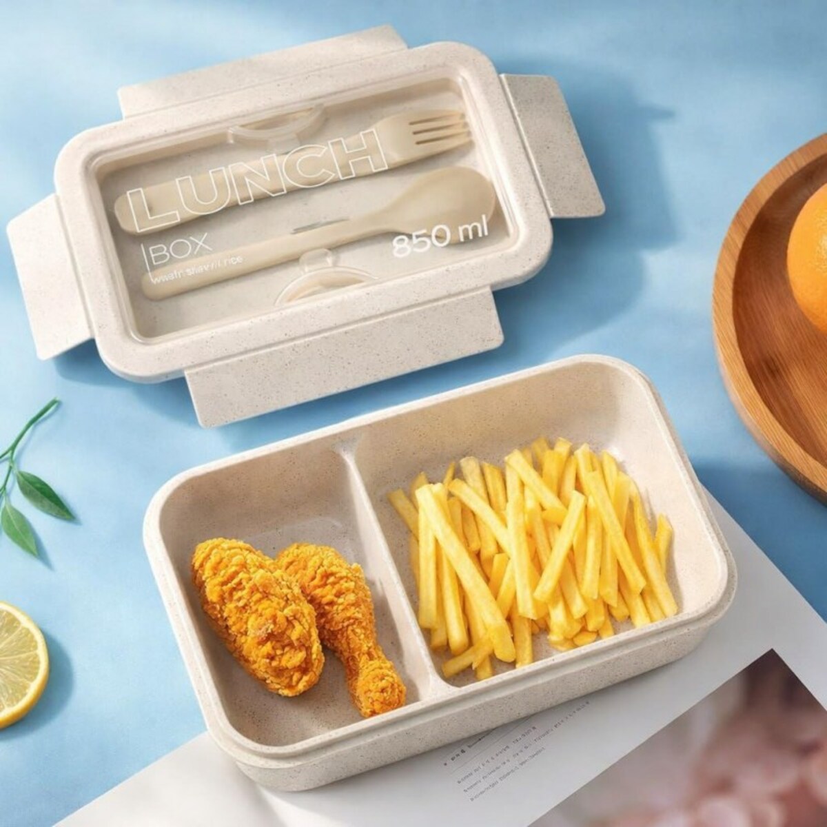 Lunch box, śniadaniówka ze sztućcami beżowy przegródki 850 ml PJM46