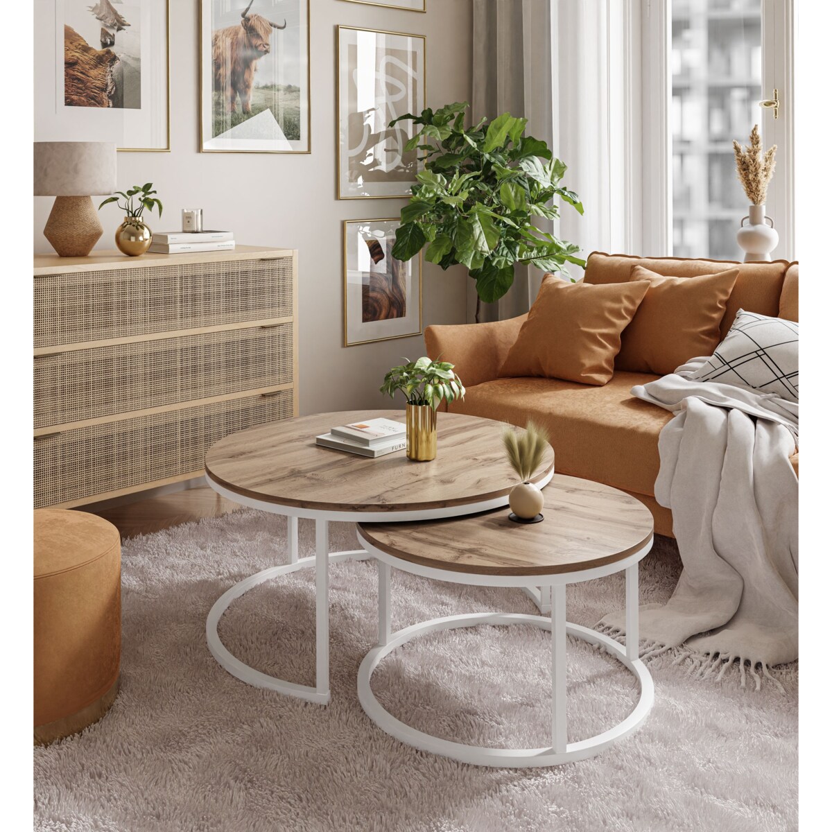 Okrągły stolik kawowy CIRI 2w1 biały dąb wotan