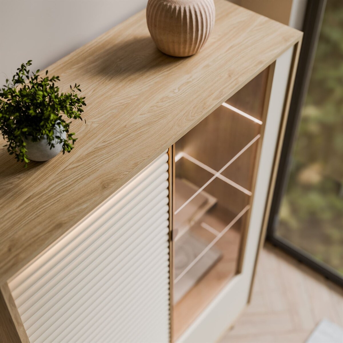 Witryna FLORENCE 2D1W z oświetleniem LED, dąb olejowany / kaszmir