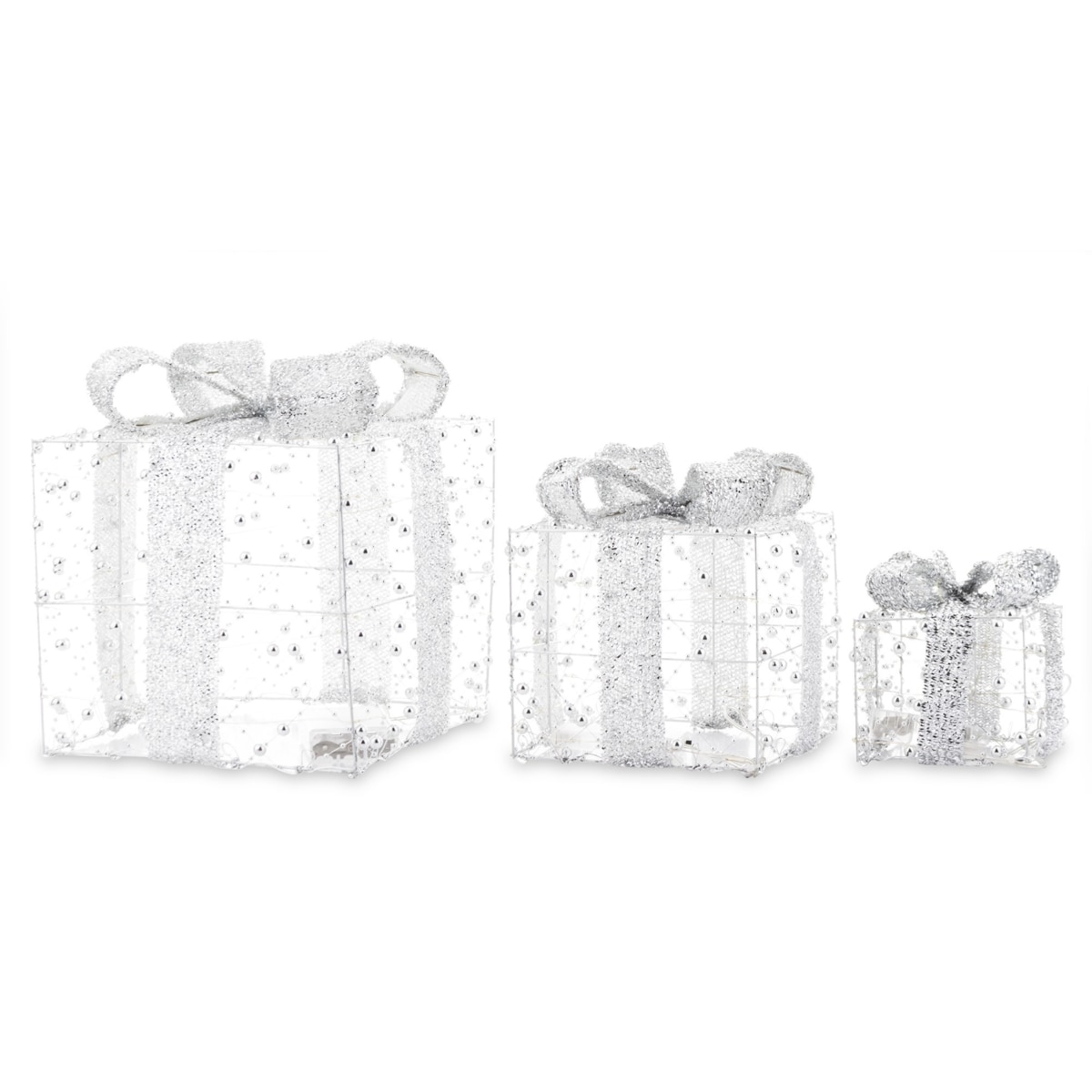 Dekoracja pudełka 3 szt. świecące LED 23x20x20 i 18x15x15 i 13x10x10 cm GABISO srebrny