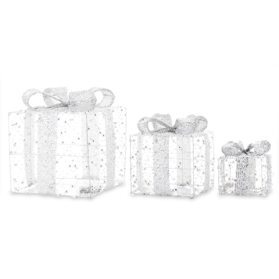 Dekoracja pudełka 3 szt. świecące LED 23x20x20 i 18x15x15 i 13x10x10 cm GABISO srebrny