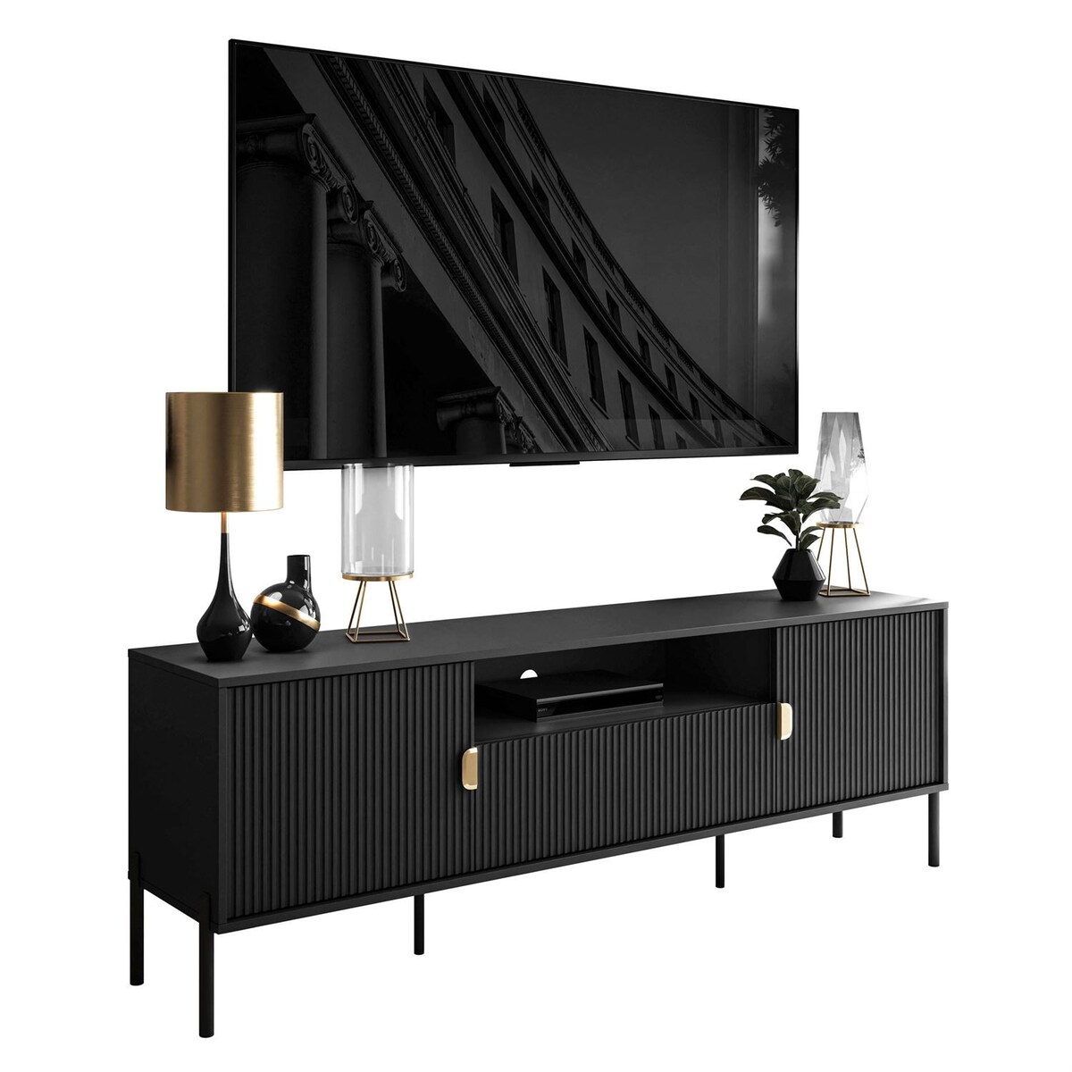 Szafka RTV DALIA 180 cm, czarna, nóżki czarne