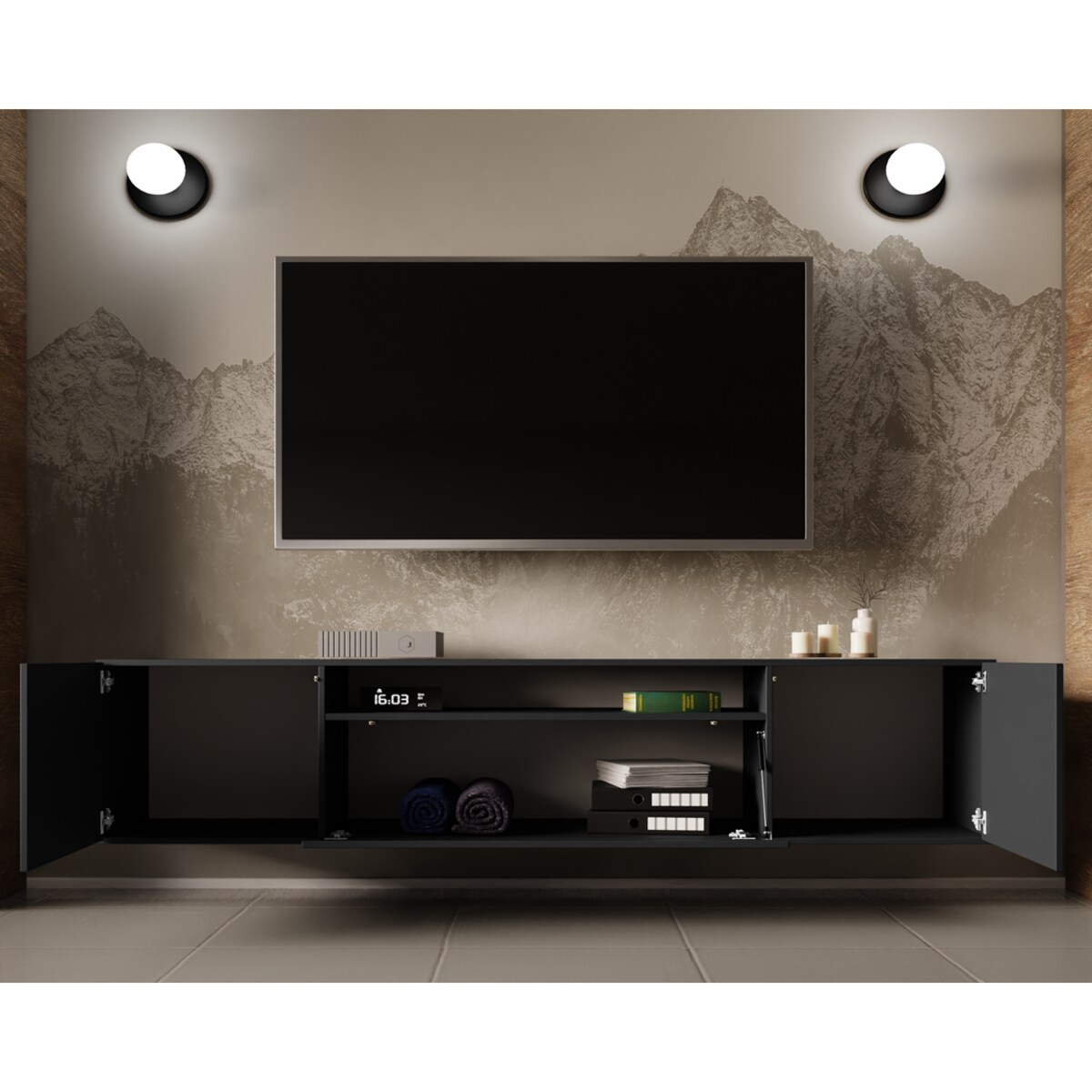 Szafka RTV LION 200 cm na metalowych nogach, do pokoju gościnnego-grafitowa