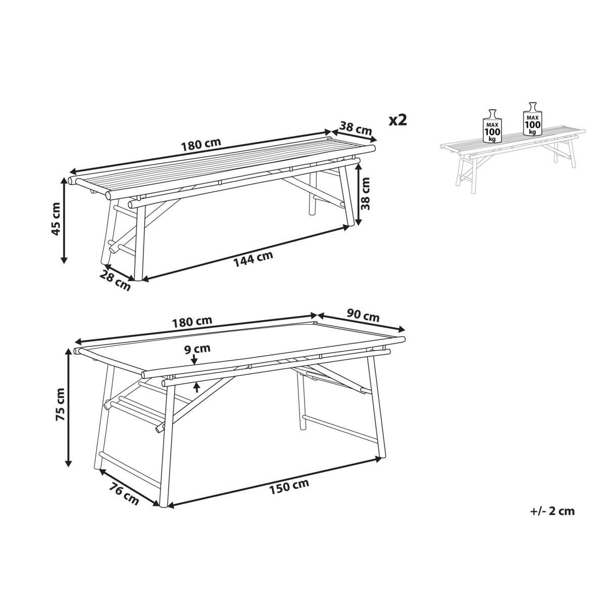 Zestaw ogrodowy stół i 2 ławki bambusowy jasne drewno TINDARI