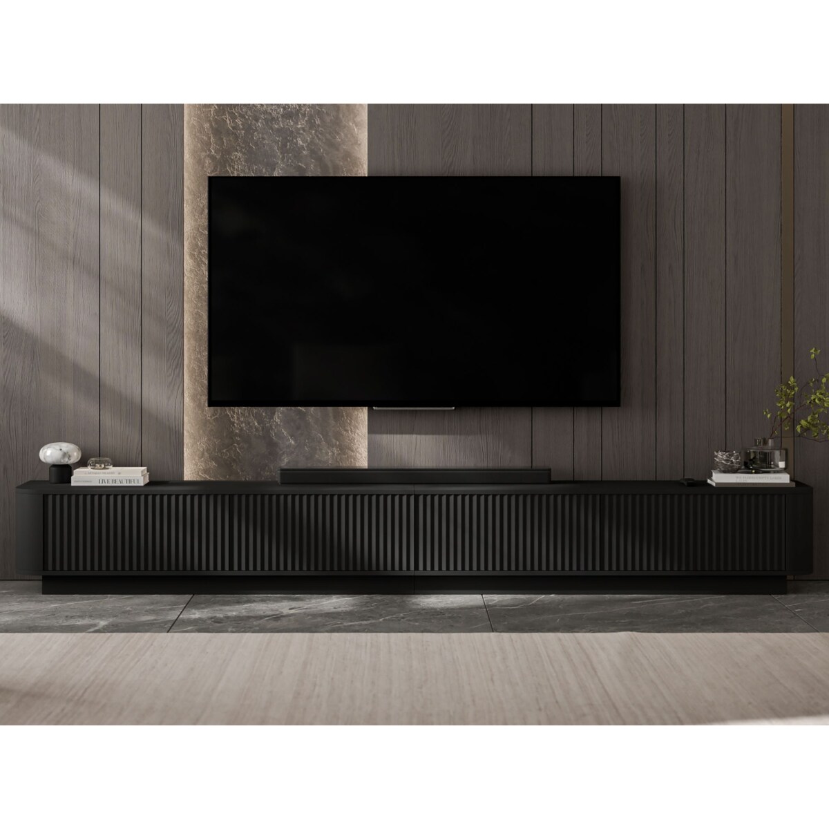 Szafka RTV Uniwersalna 280 cm Glamour Ryflowane Fronty Czarny Mat Nowoczesna Komoda RTV