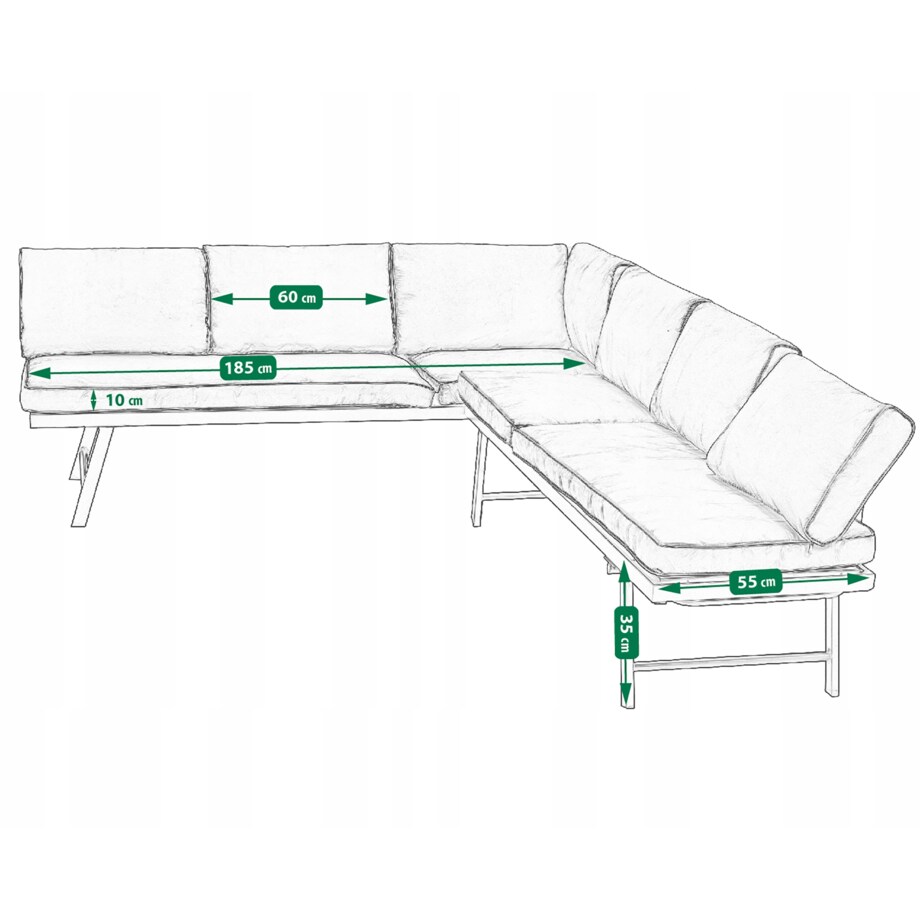 Modułowy zestaw mebli ogrodowych z sofami posiadającymi funkcję leżanki