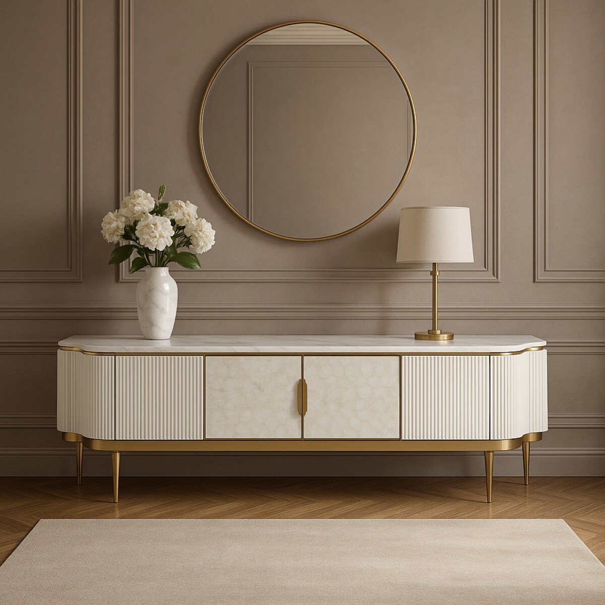 Ryflowana szafka RTV kremowo - złota Champion Glamour Premium z muszelkami z blatem marmurowym 200x40x52