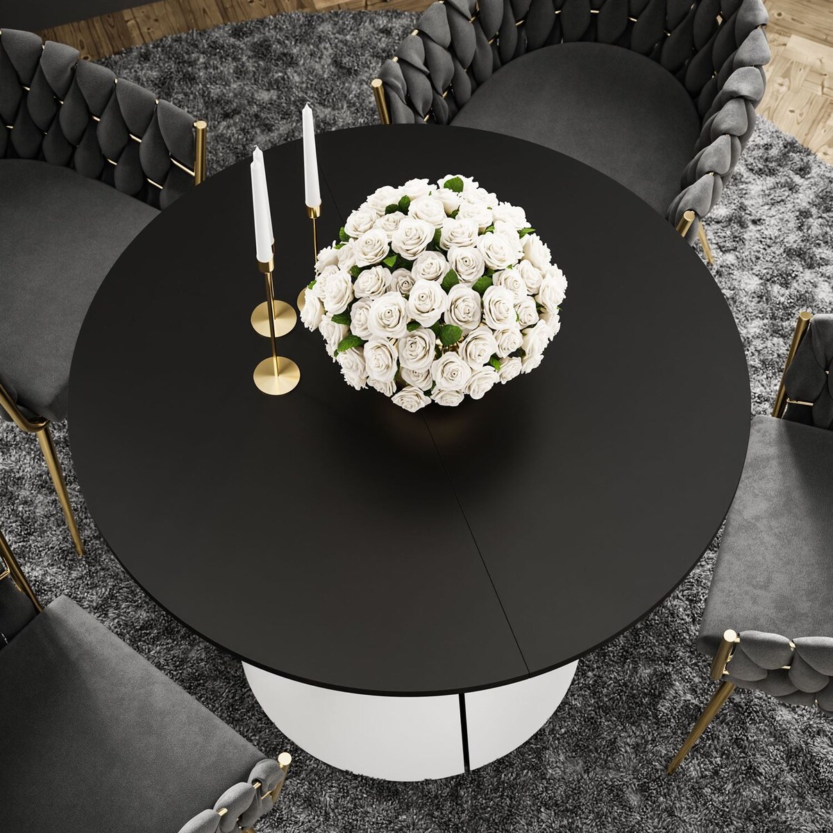 Okrągły stół rozkładany LAVA, średnica 120cm, biały / czarny mat