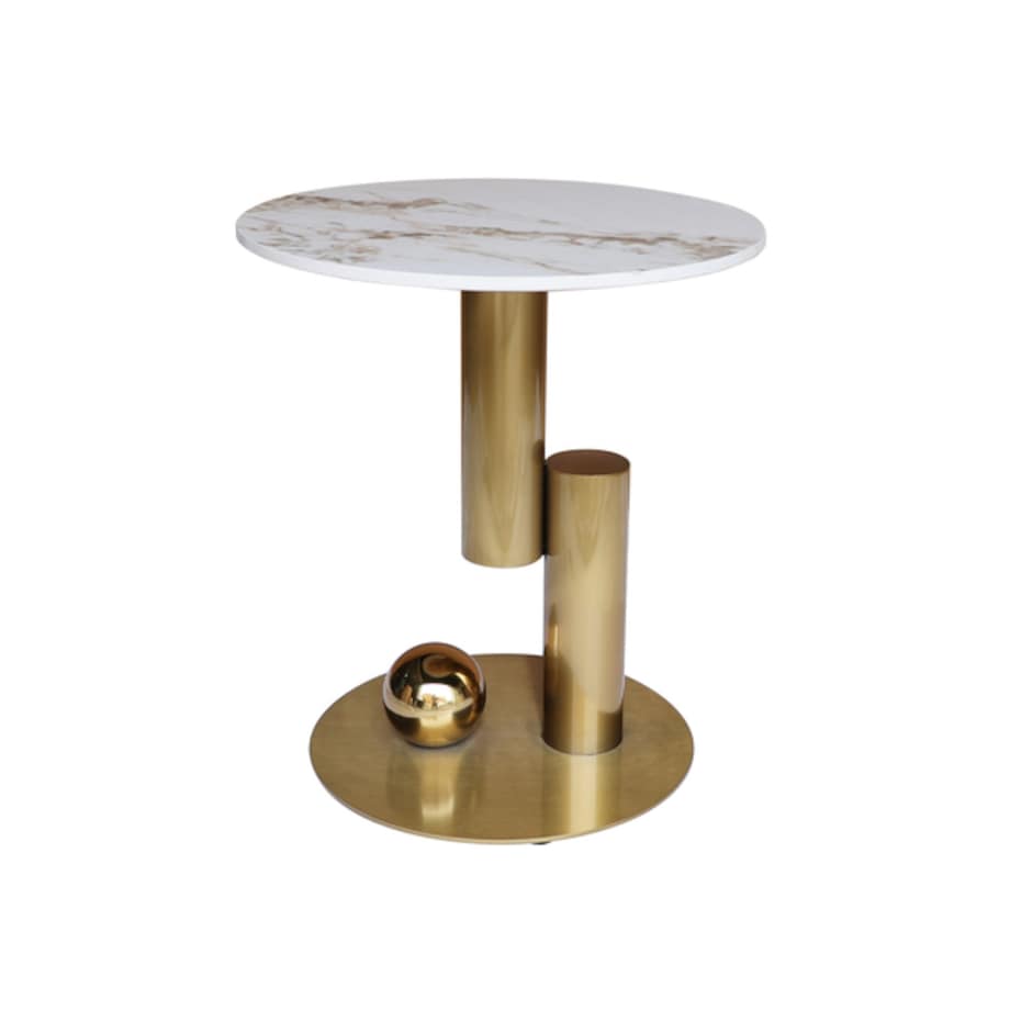 Nowoczesny złoty stolik kawowy okrągły / Zestaw złotych stolików kawowych 2 in 1 / komplet Premium Milen z kamiennym blatem marmurkowym