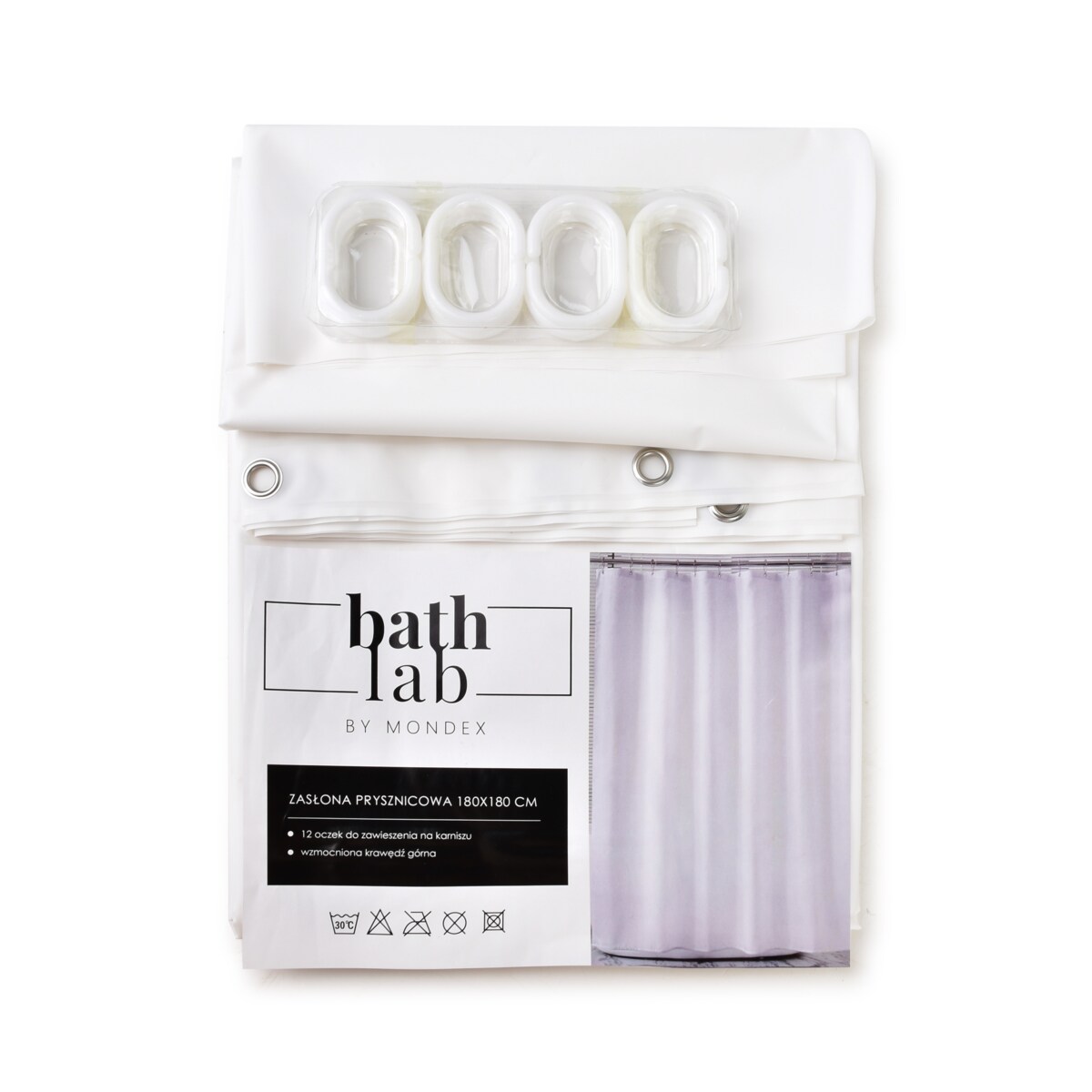ZAC WHITE Zasłona prysznicowa180x180cm 12 oczek
