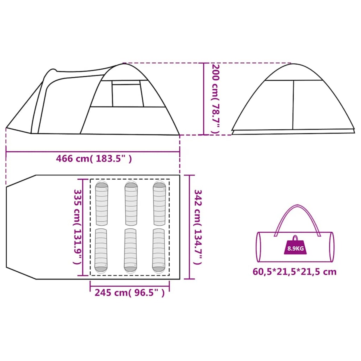 vidaXL Namiot rodzinny, kopułowy, 6-os., niebieski, wodoszczelny