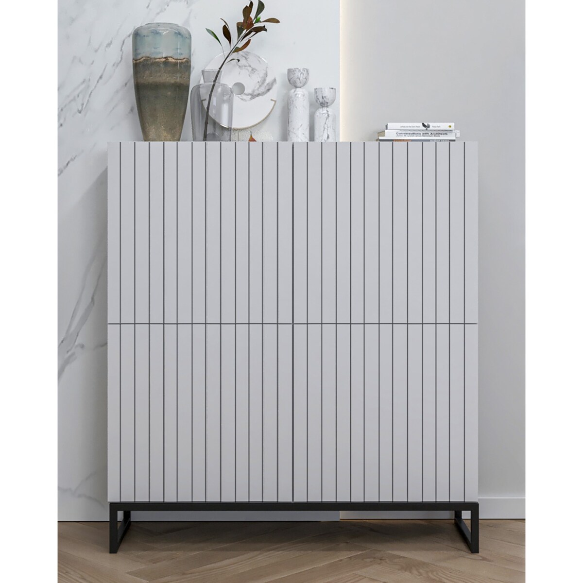 Komoda RTV Industrialna Szafka RTV Loft Biały Mat Glamour Ryflowane Fronty 112 cm Rama