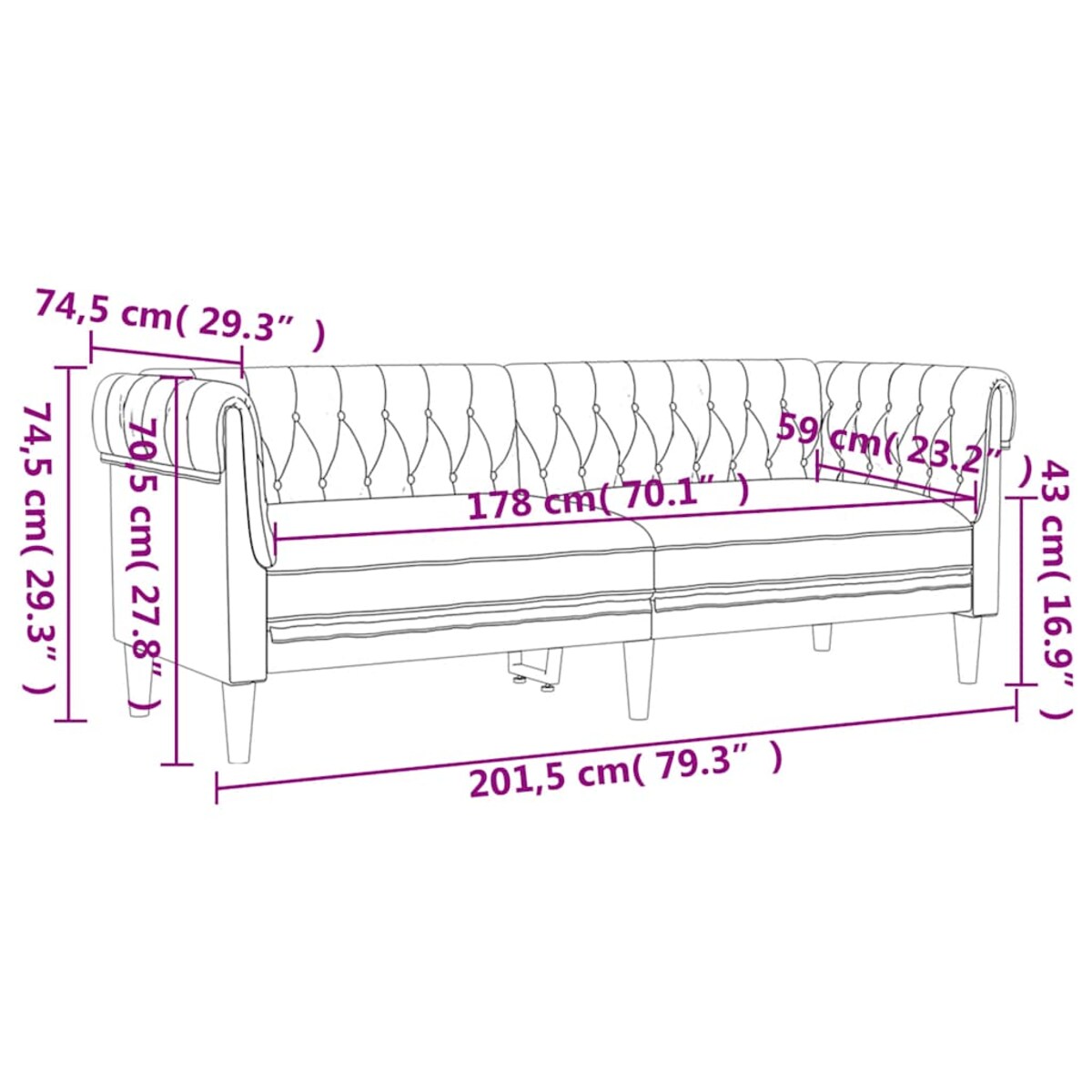 vidaXL Sofa Chesterfield, trzyosobowa, ciemnoszara, obita tkaniną