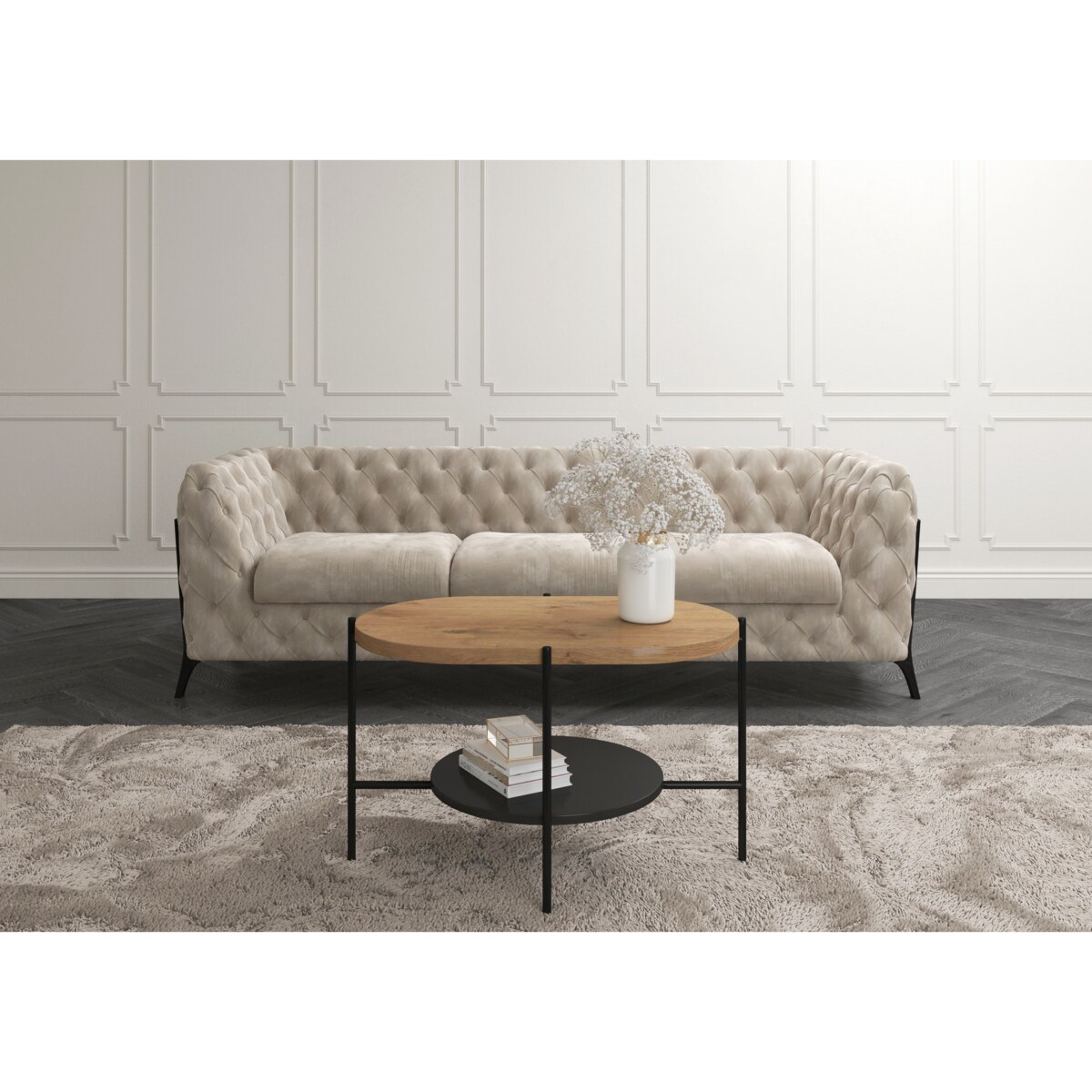 Nowoczesny stolik kawowy Dancan ARENA / czarna podstawa + dębowy i czarny blat