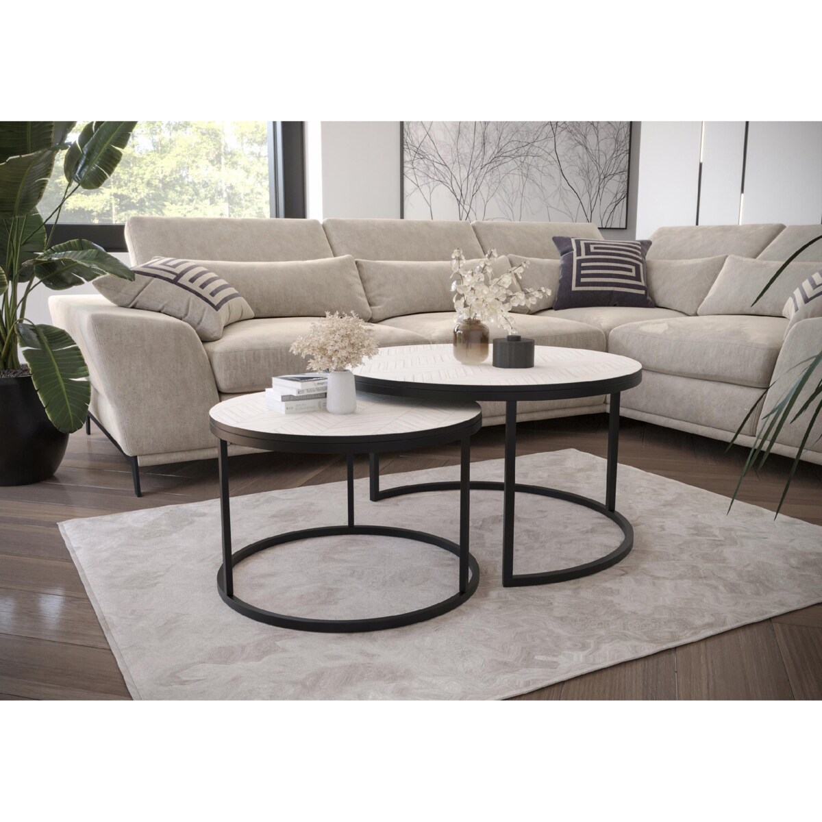 Zestaw 2 Stolików Kawowych Okrągłe LOFTOWE INDUSTRIAL Biały Czarny JODEŁKA