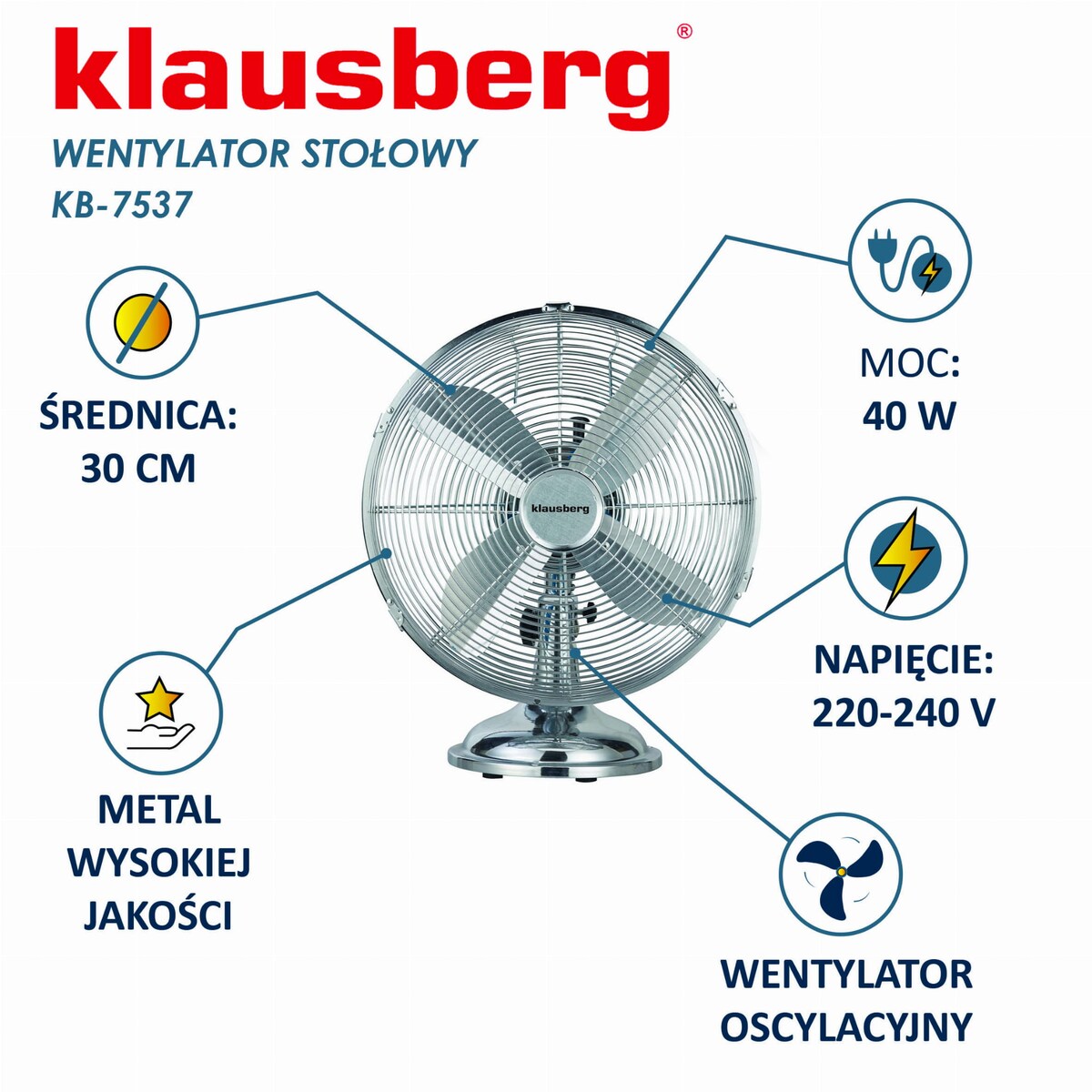 Wentylator biurkowy wiatrak stojący srebrny 30cm 40W KLAUSBERG
