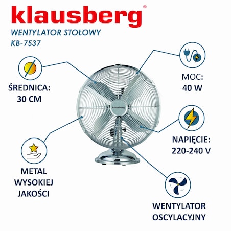 Wentylator biurkowy wiatrak stojący srebrny 30cm 40W KLAUSBERG