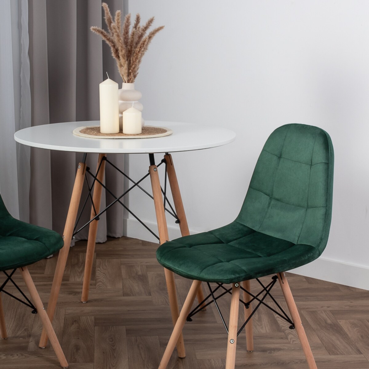Krzesło tapicerowane skandynawskie welurowe pikowane zielone