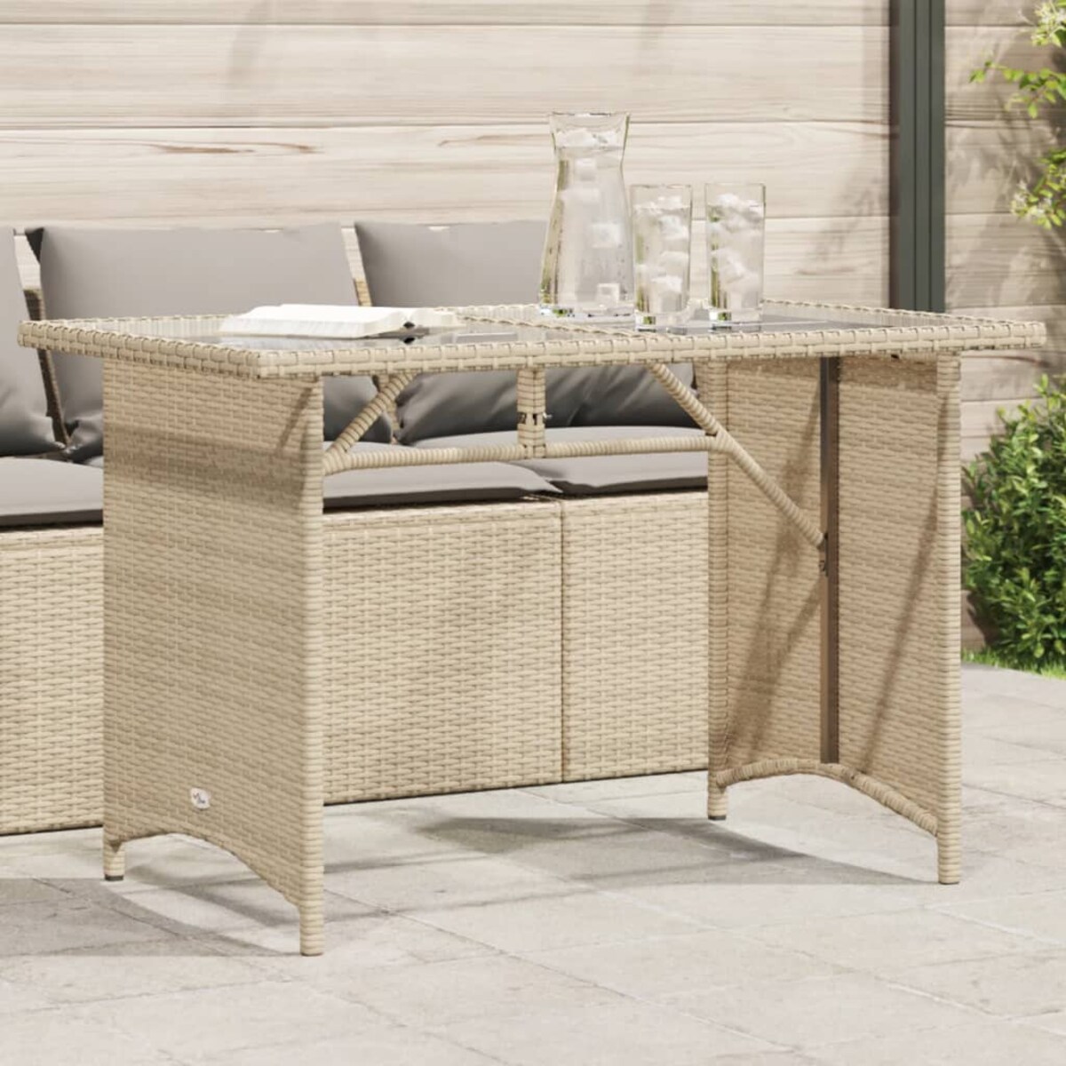 vidaXL Stół ogrodowy ze szklanym blatem, beż, 110x68x70 cm, polirattan