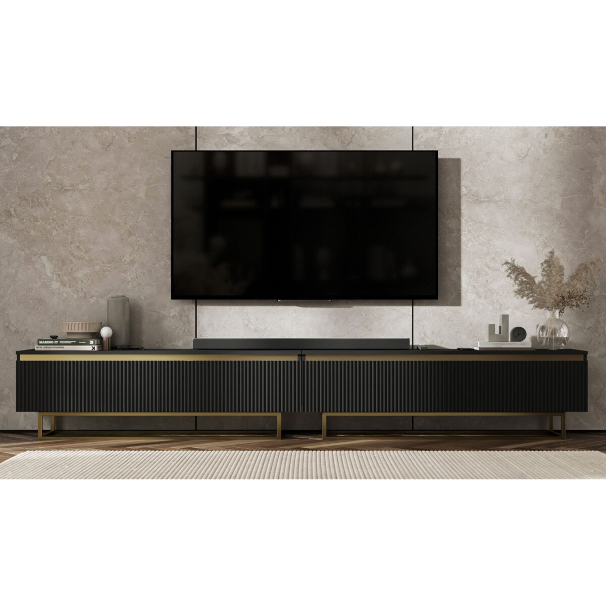 Nowoczesna Szafka RTV Glamour Komoda RTV Czarny Mat 280 cm złote akcenty