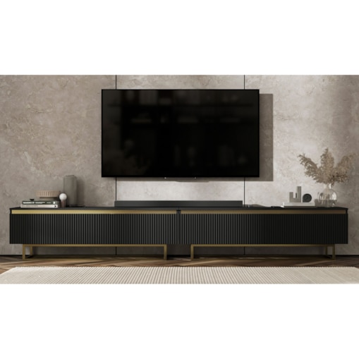Nowoczesna Szafka RTV Glamour Komoda RTV Czarny Mat 280 cm złote akcenty