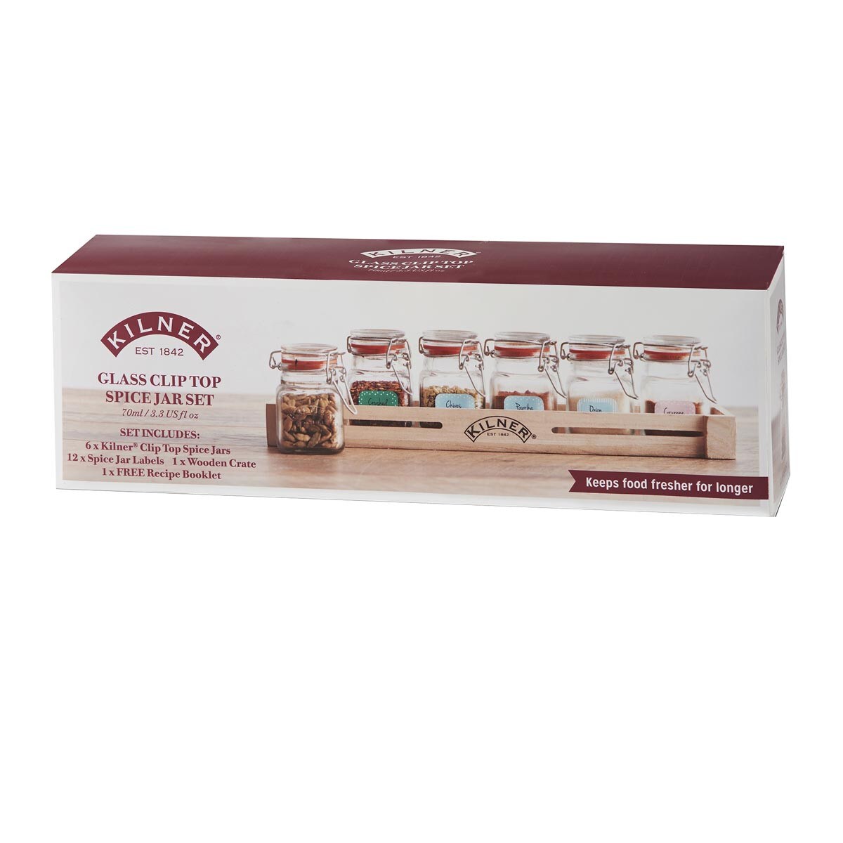 Zestaw 6 słoiczków do przypraw w skrzyneczce, 70 ml, Kilner