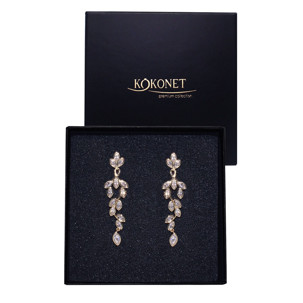 Złote kolczyki wiszące z cyrkoniami eleganckie pozłacane pudełko ślubne