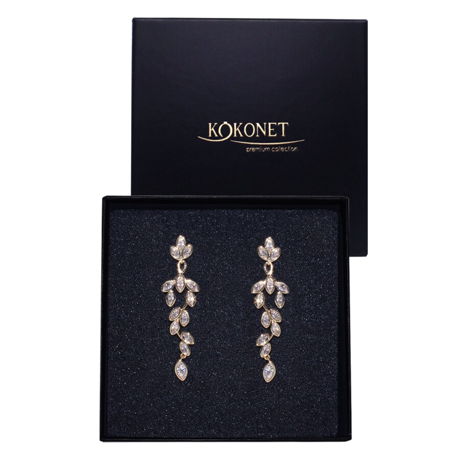 Złote kolczyki wiszące z cyrkoniami eleganckie pozłacane pudełko ślubne