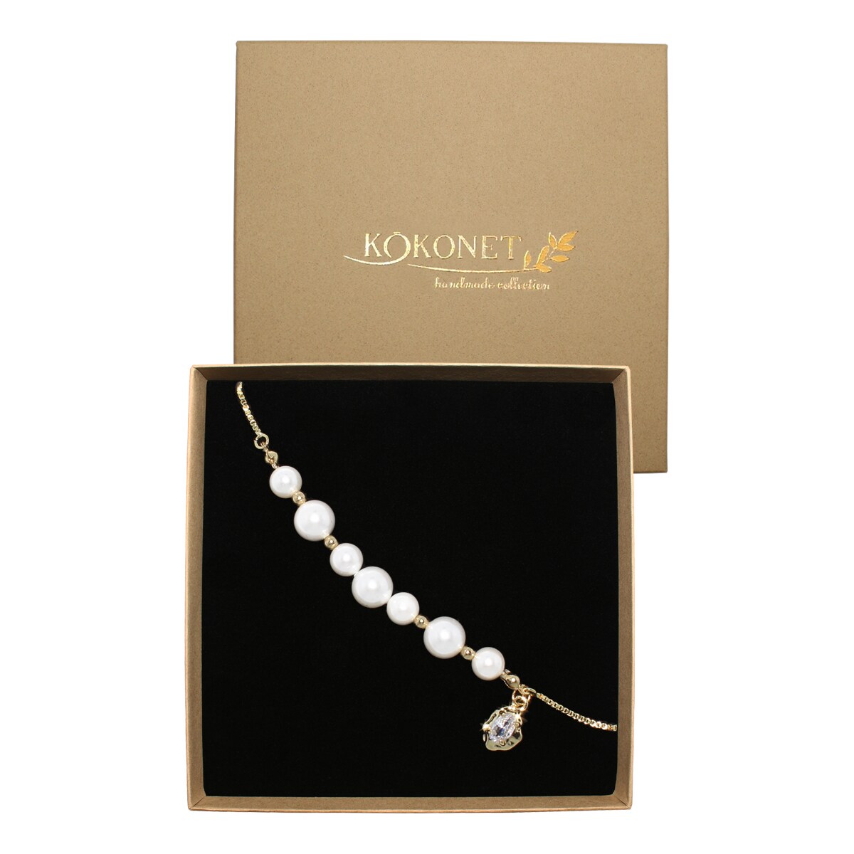 Bransoletka robiona z perłami PERŁOWA zawieszka regulowana złota efekt