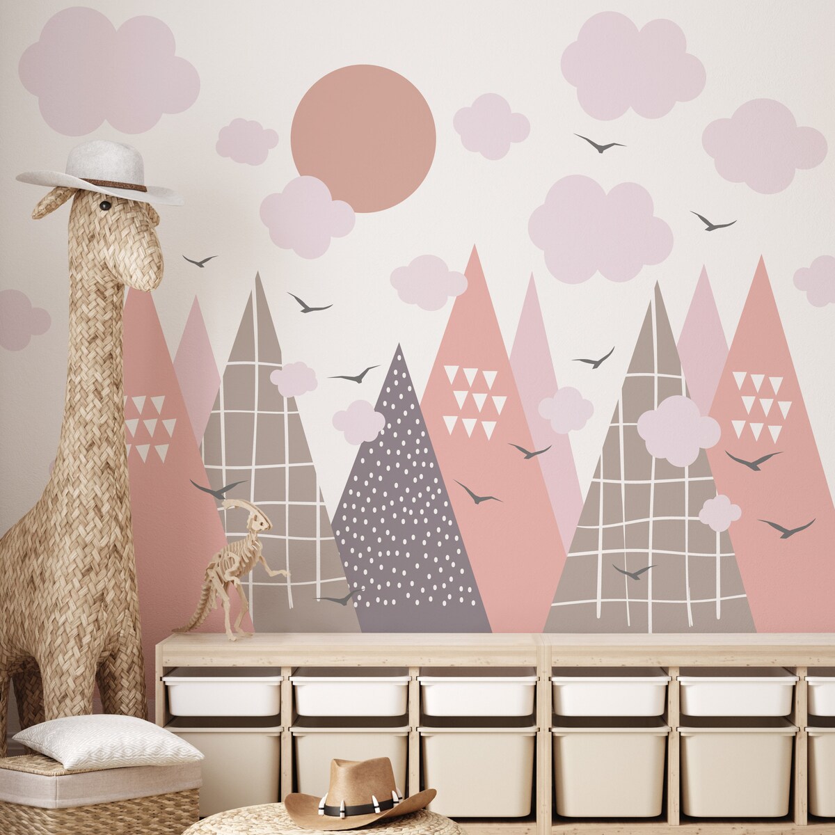 NAKLEJKI NA ŚCIANĘ DLA DZIECI JASNORÓŻOWE GÓRY STYL SKANDYNAWSKI ZESTAW