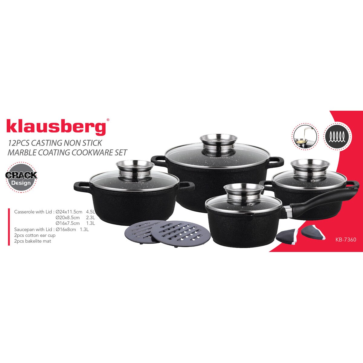 Zestaw 4 garnków z powłoką granitową 1.3/1.3/2.3/4.5L 12 ele KLAUSBERG crack design