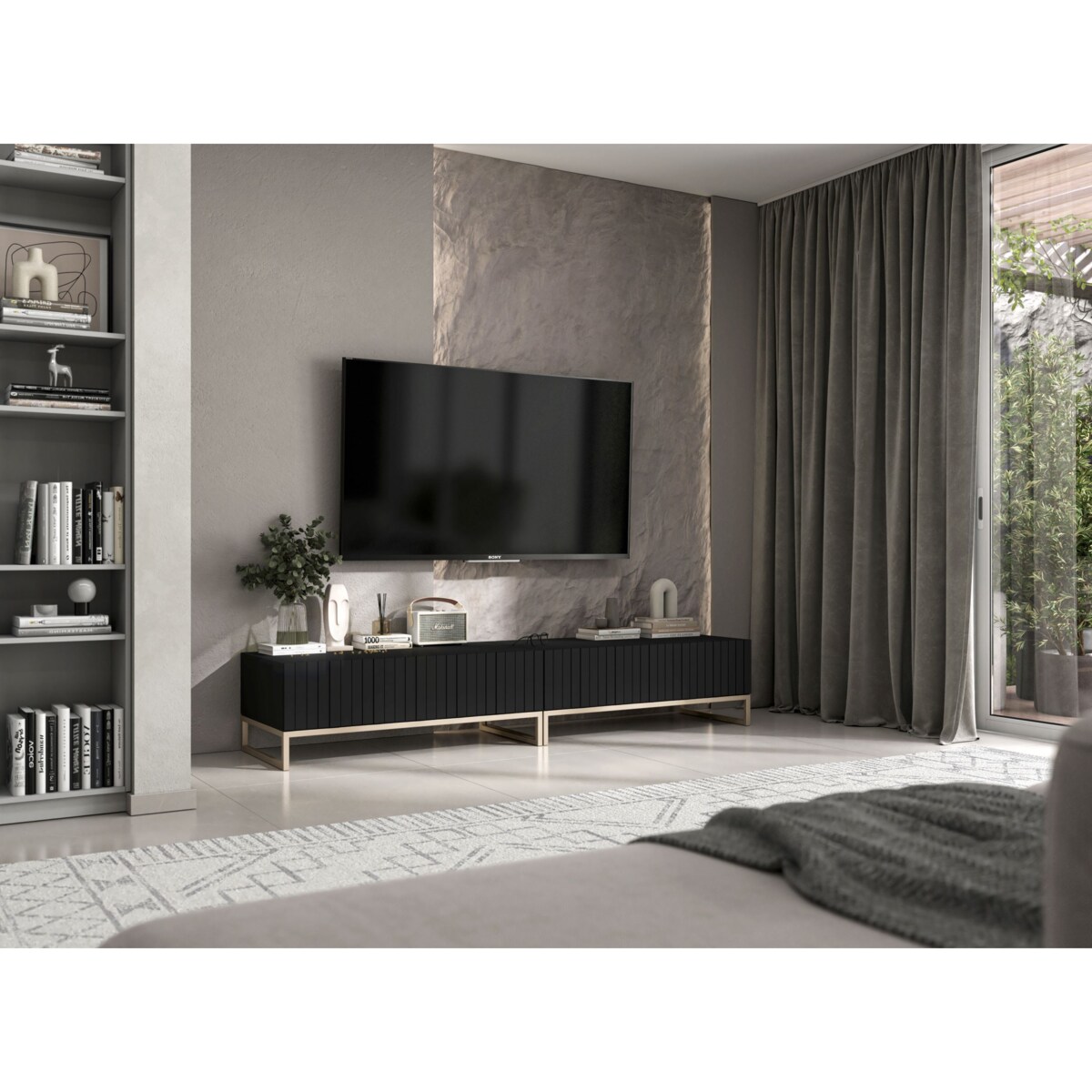 Nowoczesna Szafka RTV Glamour Komoda RTV Ryflowane fronty Czarny Mat 220 cm