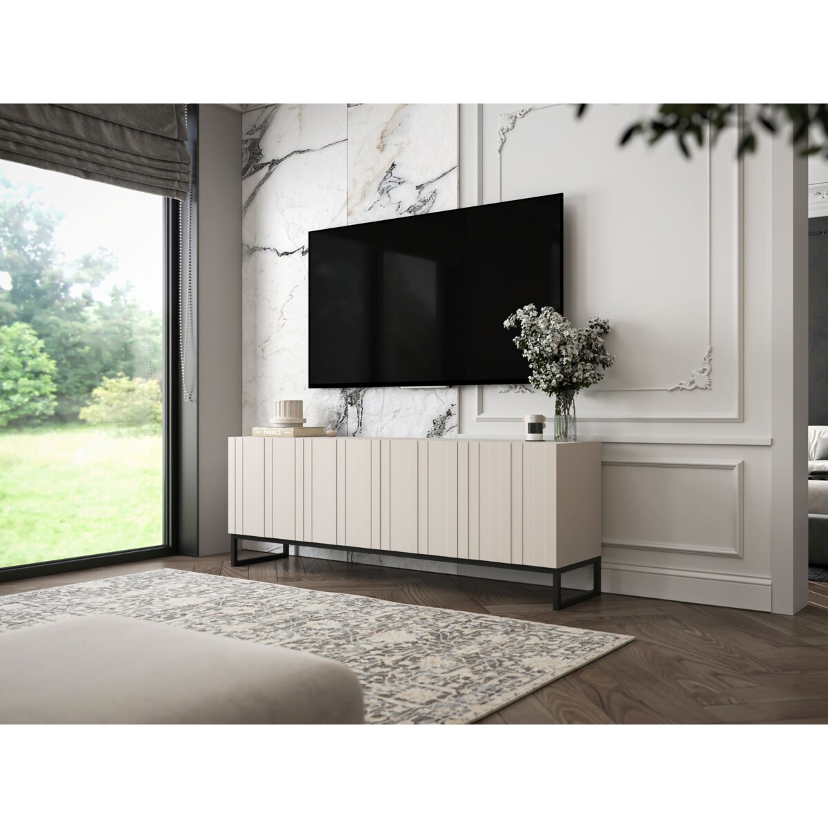 Szafka RTV Kaszmir Mat Nowoczesna Komoda RTV Loft Ryflowane Fronty Glamour 150 cm