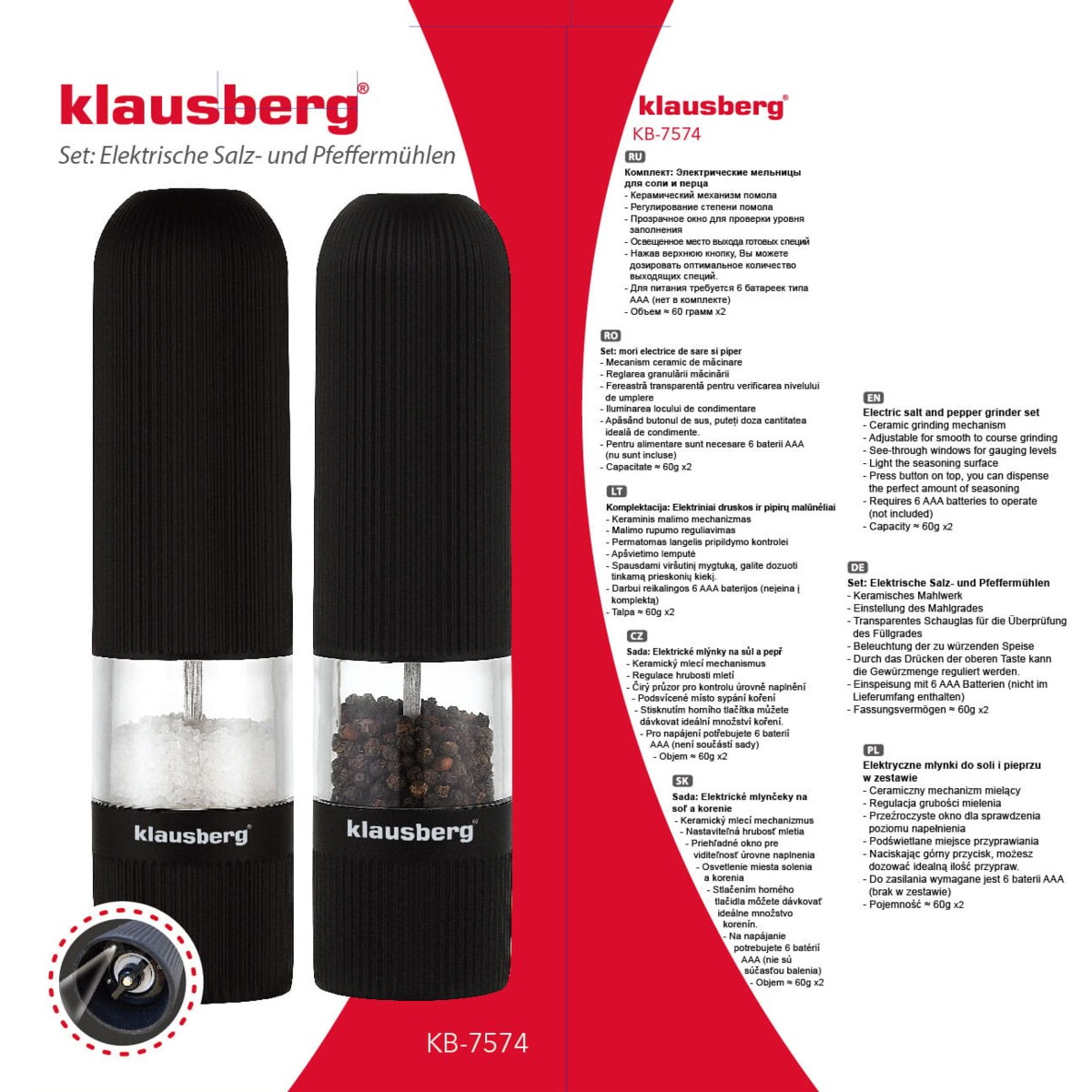 Zestaw 2 młynków elektrycznych do soli pieprzu LED KLAUSBERG