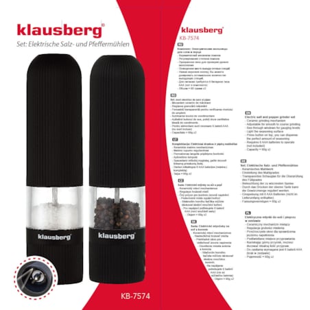 Zestaw 2 młynków elektrycznych do soli pieprzu LED KLAUSBERG