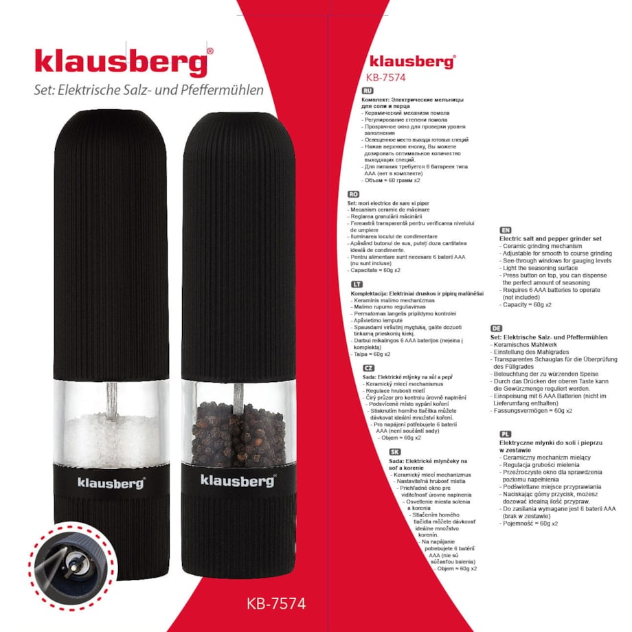 Zestaw 2 młynków elektrycznych do soli pieprzu LED KLAUSBERG