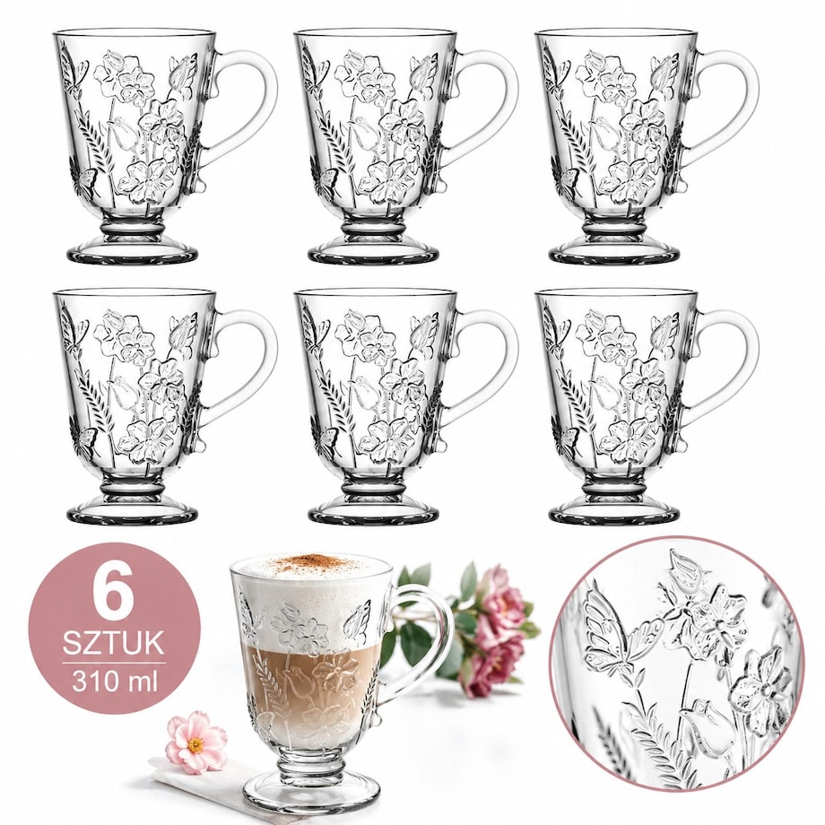 Wysokie Szklanki 310 ml 6szt Ozdobne Szkło z Kwiatowym Wzorem na latte kawę