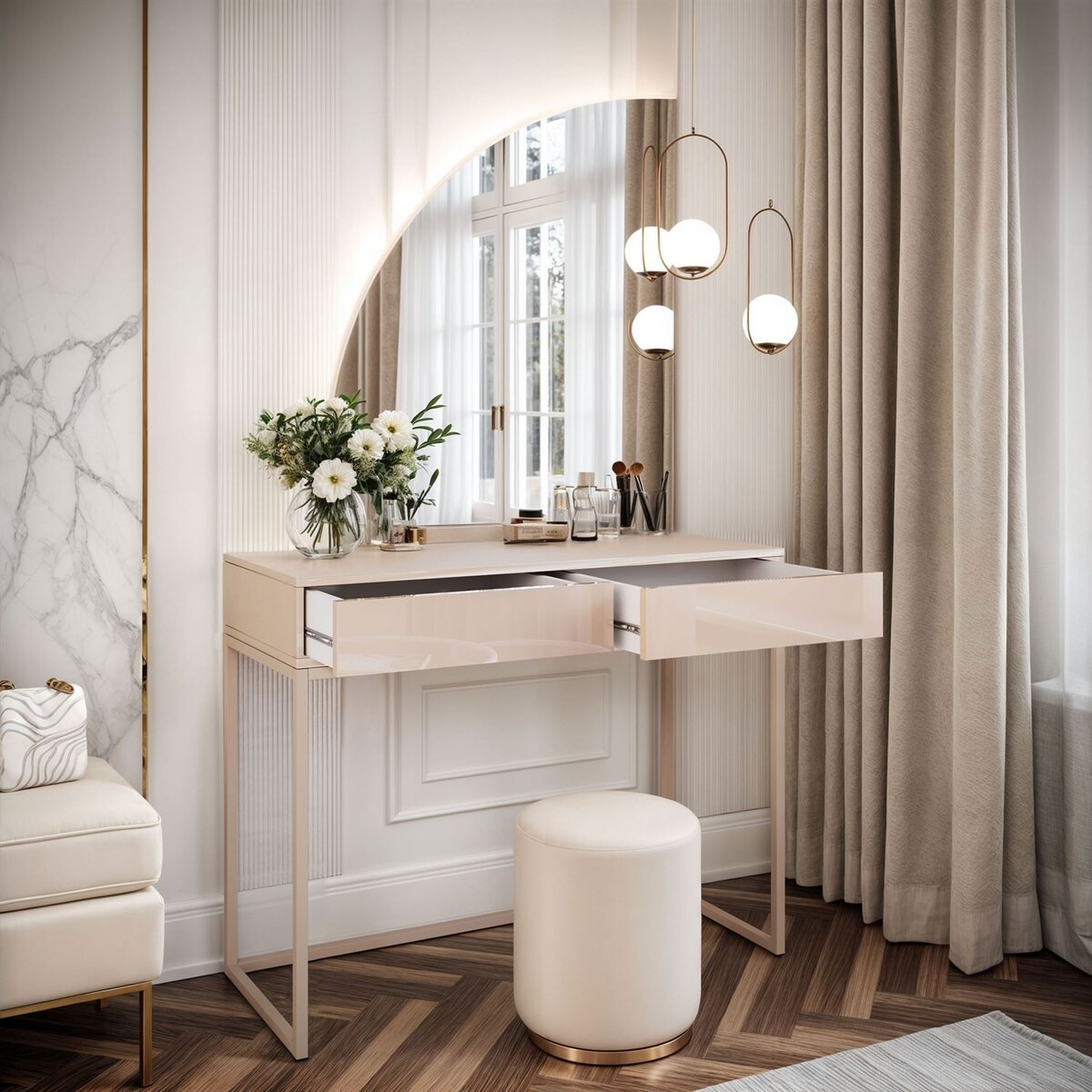 Toaletka kosmetyczna QUINNIE KASZMIR z lustrem LED złoty chrom, lewa, push-to-open