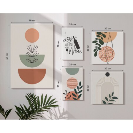 Zestaw 5 obrazów na płótnie - Stylowe roślinne dekoracje boho - beżowy