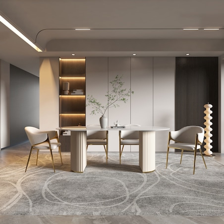 Nowoczesny złoty stół plisowany Glamour Nowojorski Blanka z kamiennym blatem o wzorze marmuru 180x90x75 / do jadalni