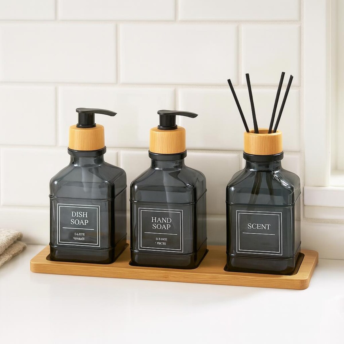 Zestaw łazienkowy ze szklanym dyfuzorem i tacą bambusową REN