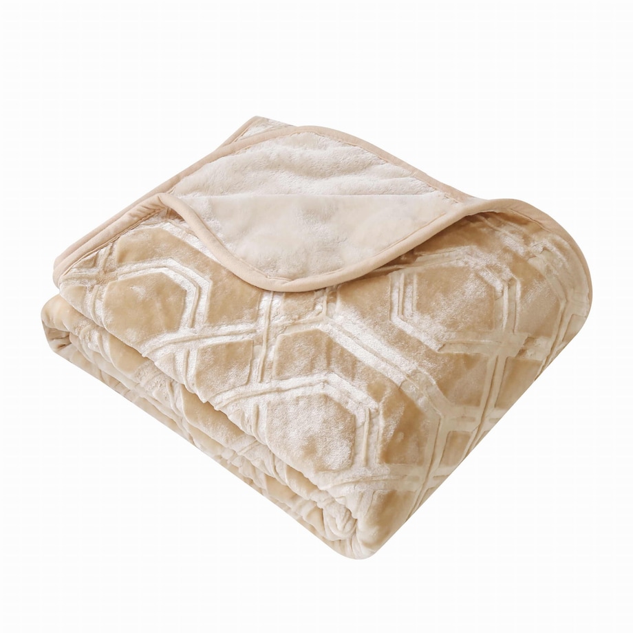 Gruby Ciepły miękki Koc na Łóżko Beżowy Tłoczony Narzuta Pled 160 x 200 Duży