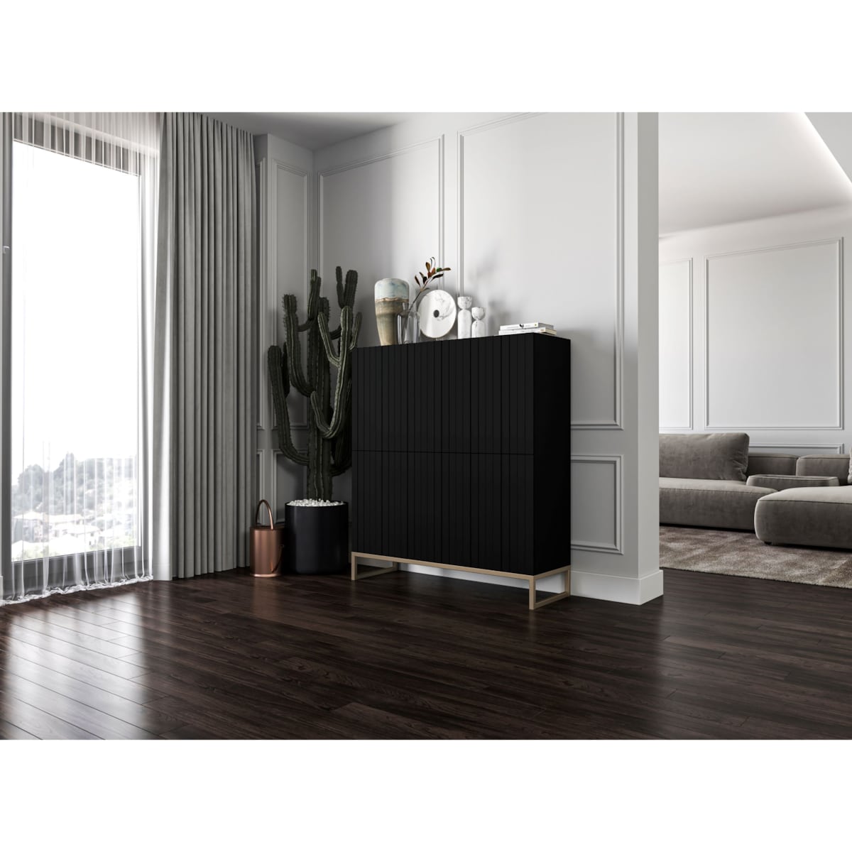 Komoda RTV Glamour Szafka RTV Glamour Czarny Mat Ryflowane Fronty 112 cm