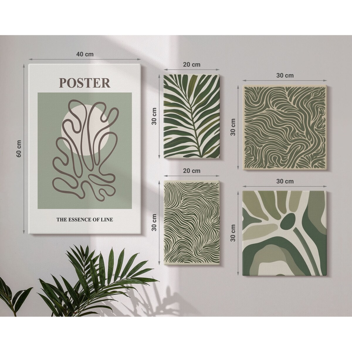 Zestaw 5 obrazów na płótnie - Abstrakcyjne roślinne formy boho - zielony