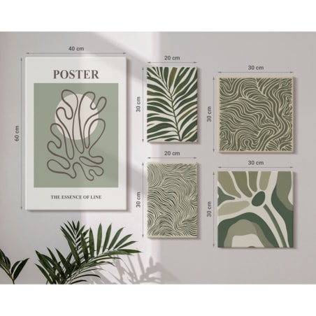 Zestaw 5 obrazów na płótnie - Abstrakcyjne roślinne formy boho - zielony