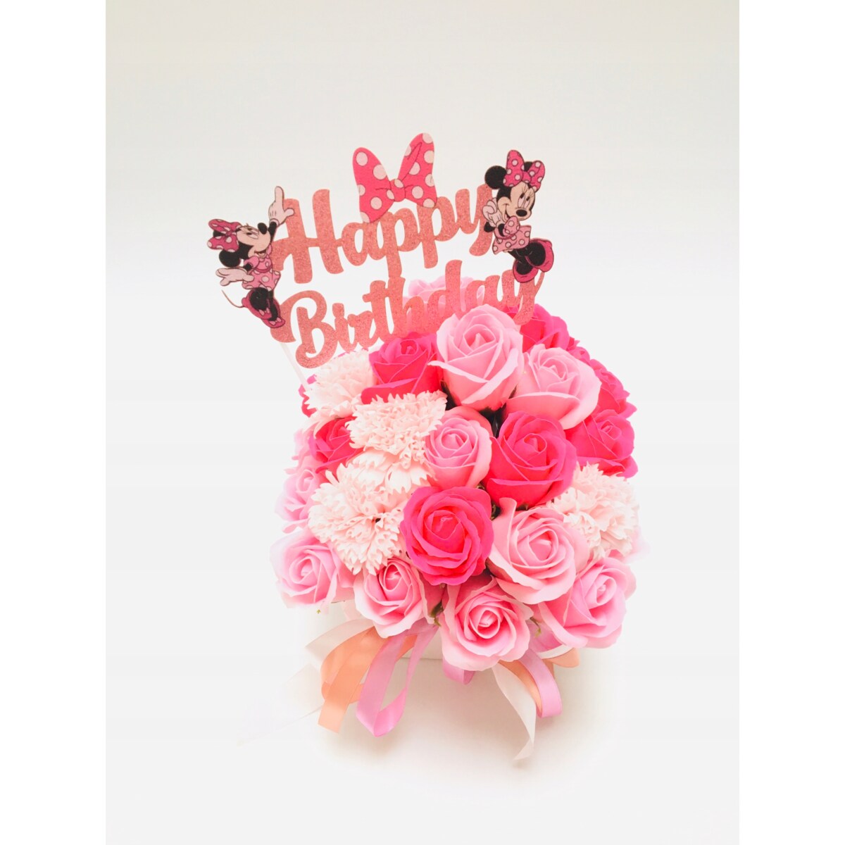 FLOWER BOX RÓŻOWE kwiaty MYDLANE na urodziny dziewczynki prezent MINNIE