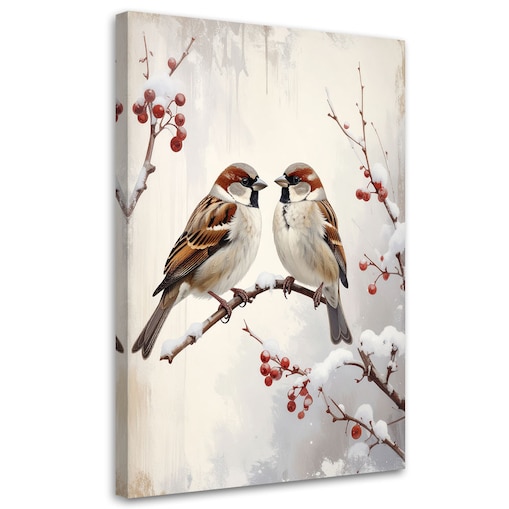Obraz do salonu kuchni biura, Ptaki siedzące na gałęzi zimą w beżu