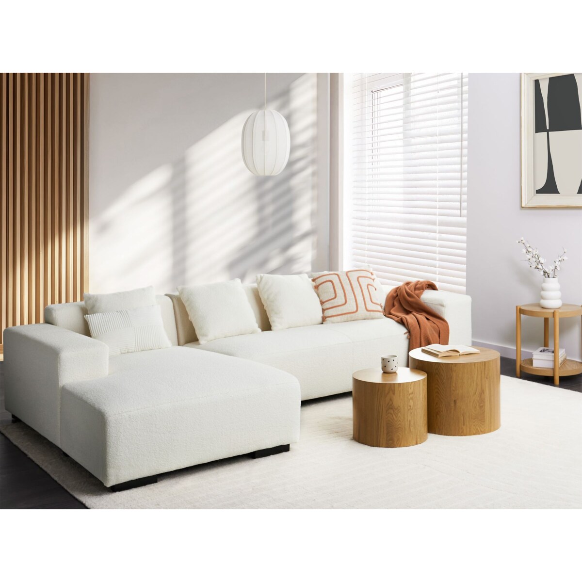 Narożnik LUNGO Boucle Biały dla 4 osób Prawostronny