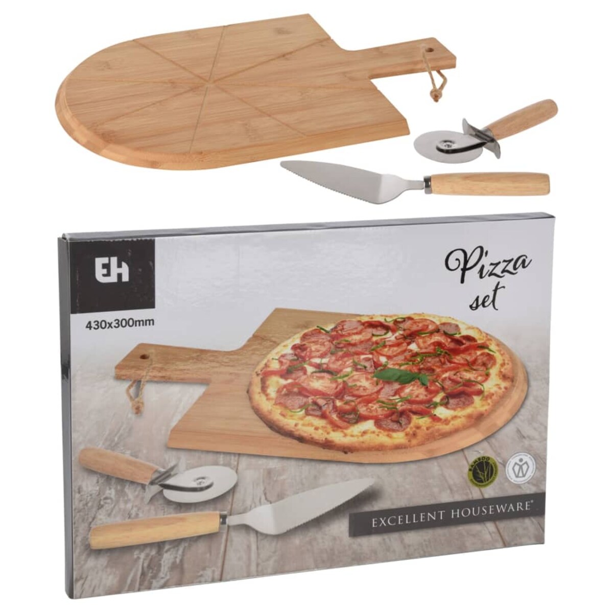 Deska do pizzy drewniana z łopatką i nożem MAMMA MIA, Ø 43 cm
