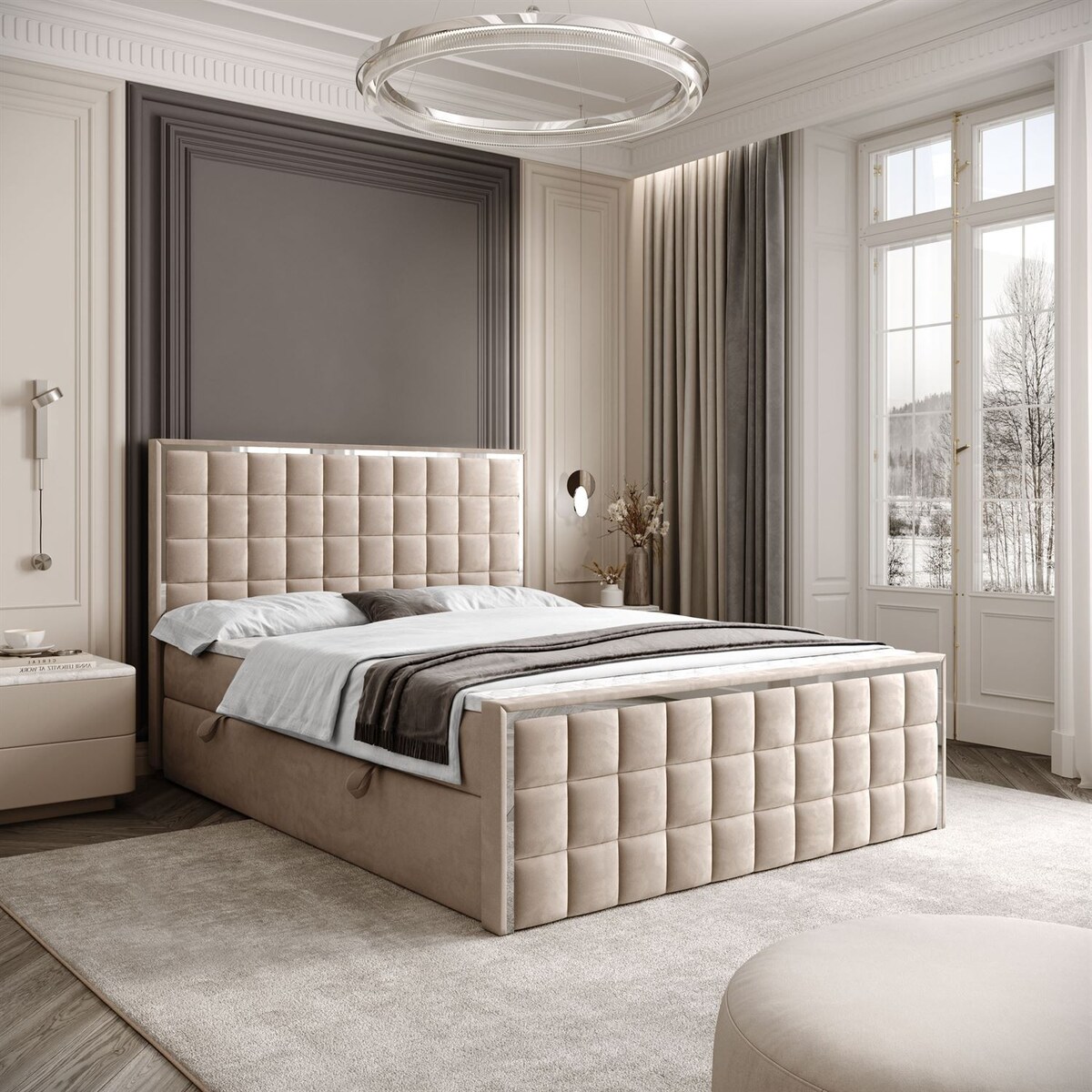 Łóżko kontynentalne ISADORA II SILVER, pojemnik na pościel, 180x200, RV 170, topper